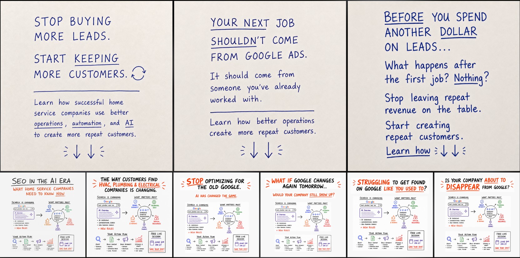 Illustrated examples showing how a marketing message is framed: stop buying more leads and start keeping more customers, where your next job should come from, and what happens after the first job